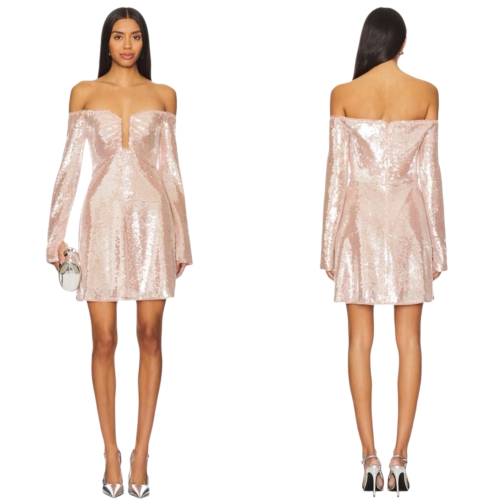 NEW Self Portrait Off The Shoulder Sequin Mini Dress Beige Size 2